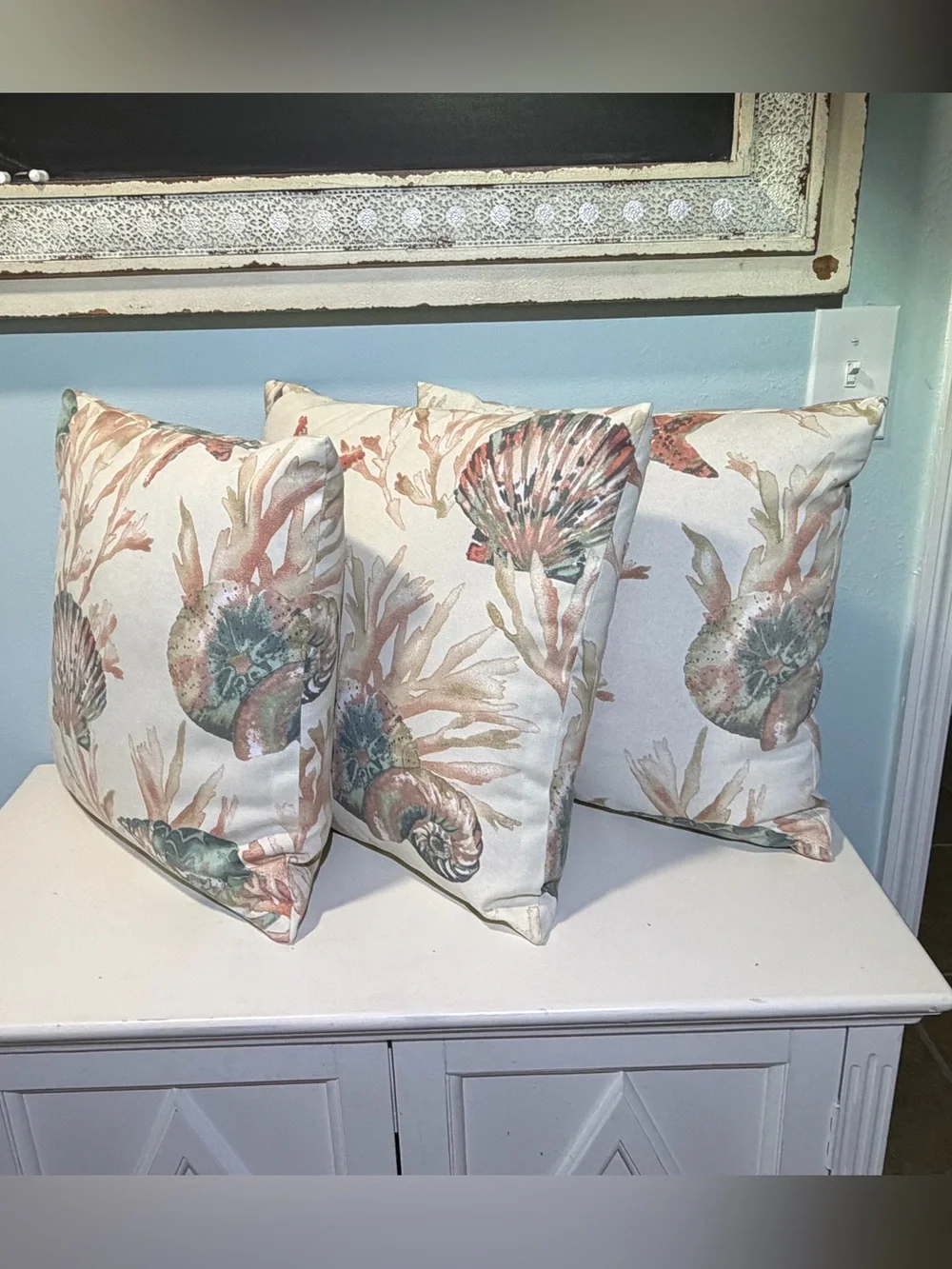 Coastal Seashell Design Decorative Throw Pillows - Set of 3. Size 16” x 16”